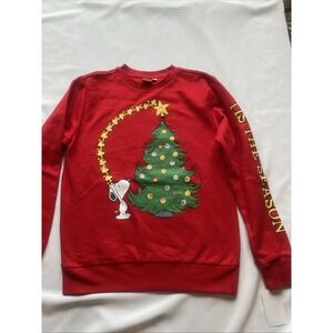 New Peanuts Sweatshirt Snoopy Woodstock Christmas Tree Red Cotton Blend Crew XS